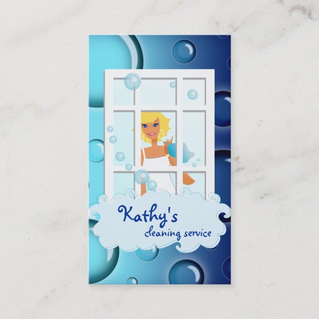 Cleaning Business Card blue Bubbles Blonde Hair (Front)