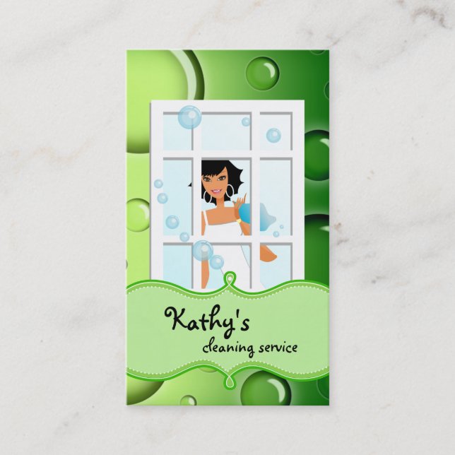 Cleaning Business Card Green Bubbles Black Hair (Front)