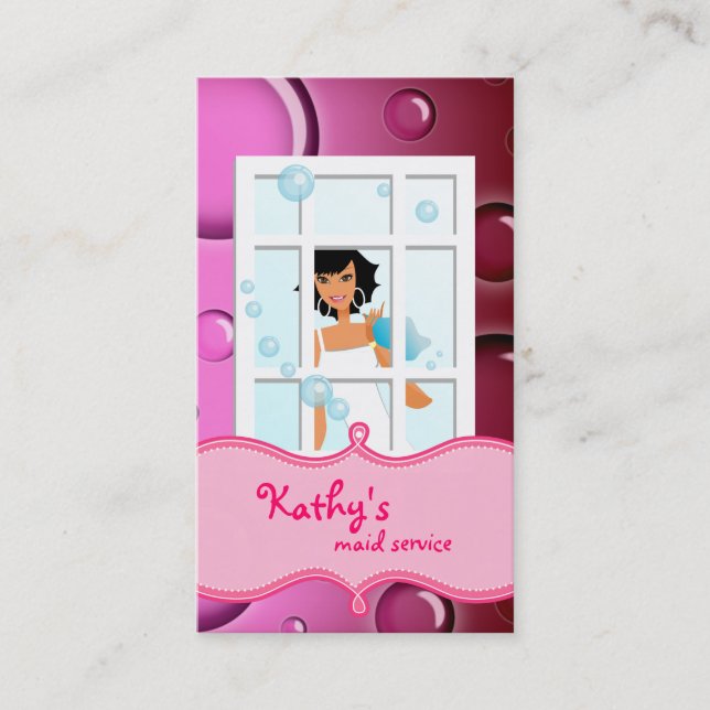 Cleaning Business Card Pink Bubbles Black Hair (Front)