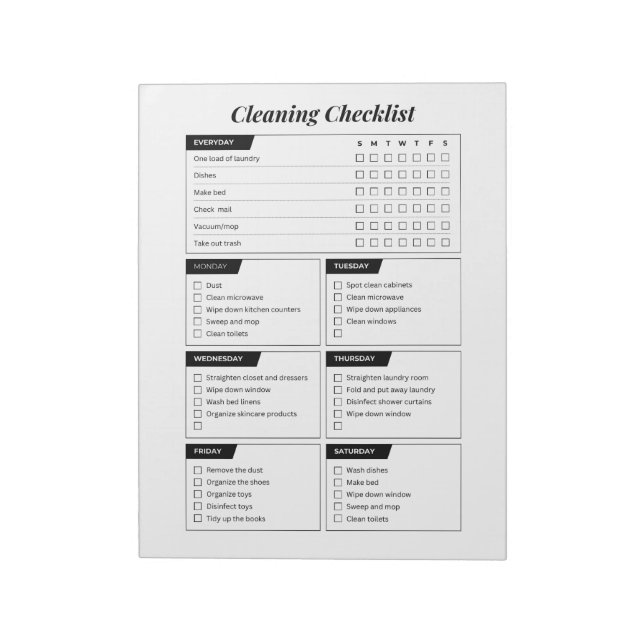 Cleaning Checklist Black And White Housekeeping  Notepad (Rotated)