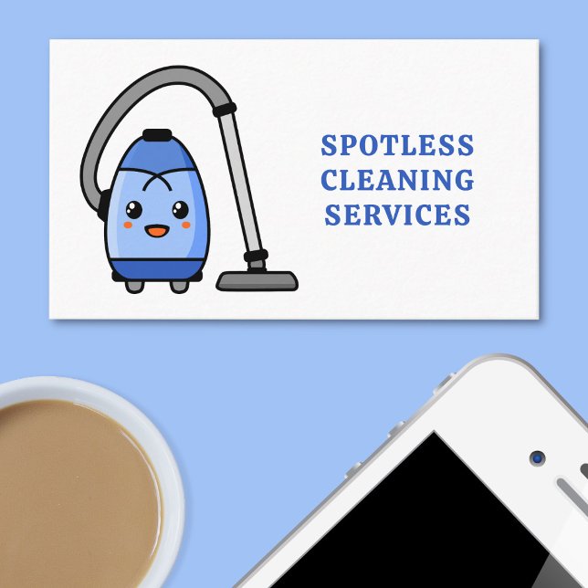 Cleaning Cleaner Cute Cartoon Vacuum Blue Business Card (Cleaning business card on a light blue background next to a phone and cup of coffee.)