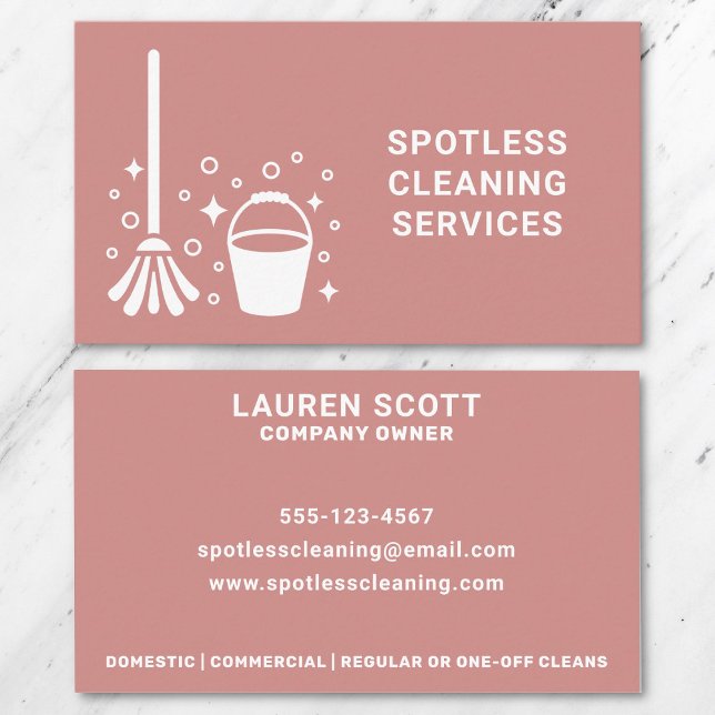 Cleaning Cleaner Mop And Bucket Bold Dusty Pink Business Card (Front and back of business card on a marble background.)