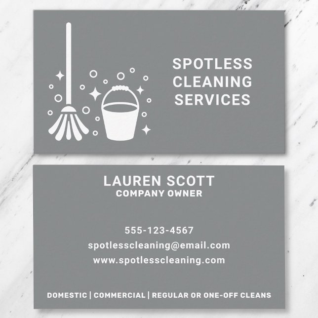 Cleaning Cleaner Mop And Bucket Bold Grey Business Card (Front and back of business card on a marble background.)