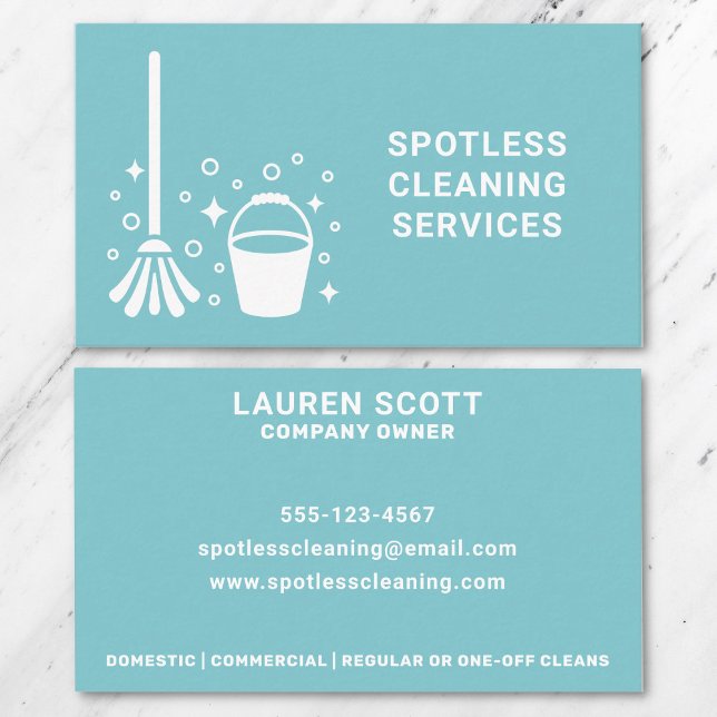 Cleaning Cleaner Mop And Bucket Bold Turquoise Business Card (Front and back of business card on a marble background.)