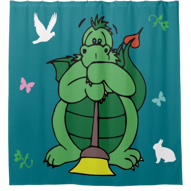 Cleaning Dragon with Broom Watching Over the Bath Shower Curtain (Front)