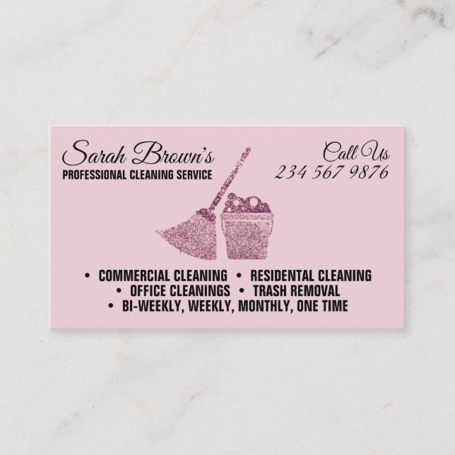 Cleaning Elegant Maid Janitorial pink sparkling Business Card (Front)