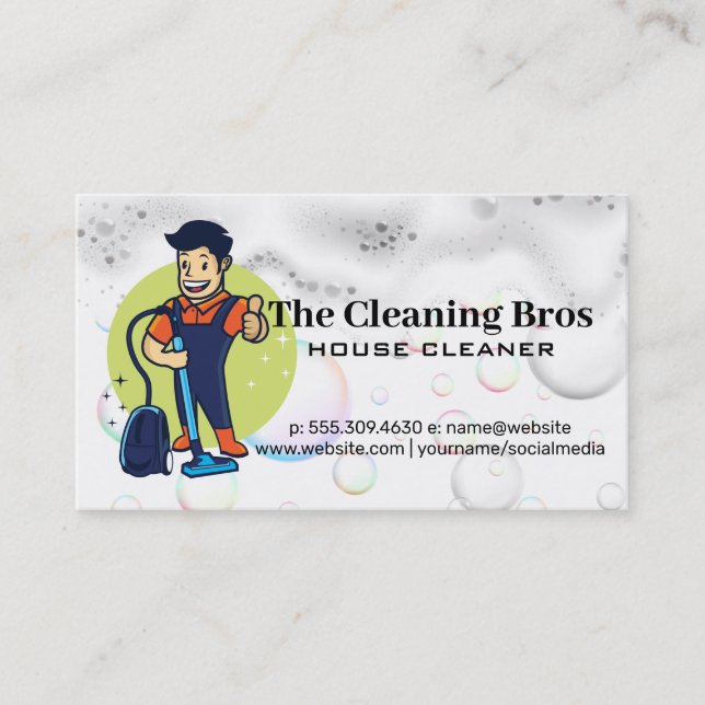 Cleaning Guy with Vacuum | Soap Bubbles Business Card (Front)