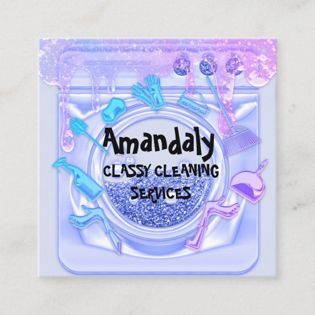 Cleaning House Office Service QRCode Soap Blue Square Business Card (Front)