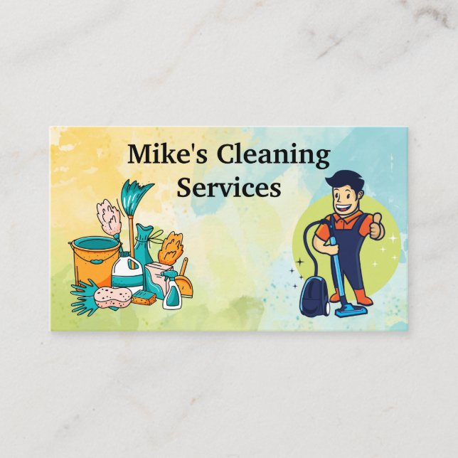 Cleaning House Services Tools | Man with Vacuum  Business Card (Front)
