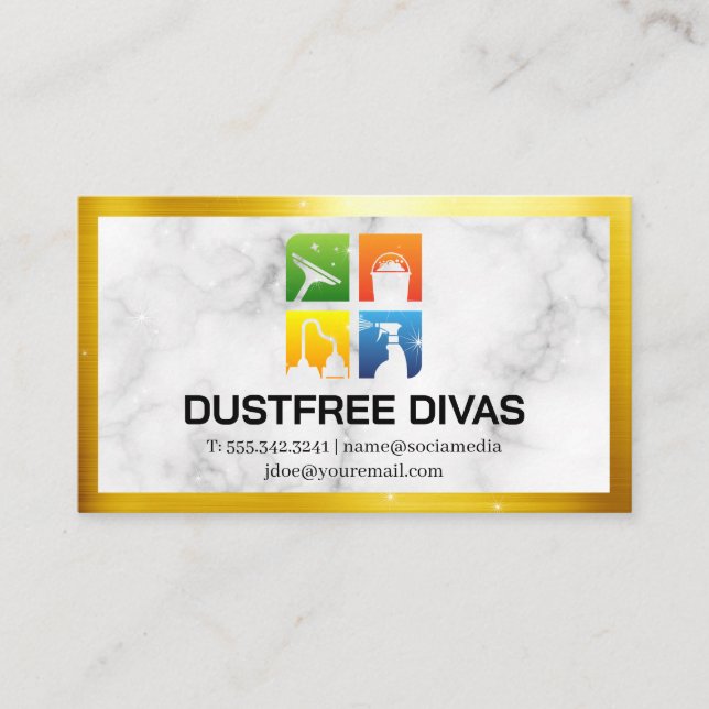 Cleaning Icons | Marble | Gold Border | Sparkles Business Card (Front)