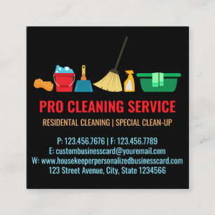 Cleaning janitorial simple housekeeper black square business card