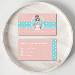 Cleaning Lady Cartoon Pink And Teal Polka Dot  Business Card