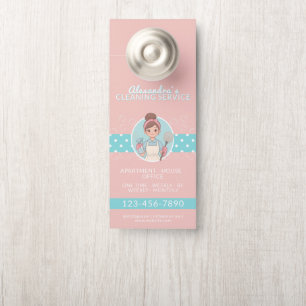 Cleaning Lady Cartoon Pink And Teal Polka Dot Door Hanger