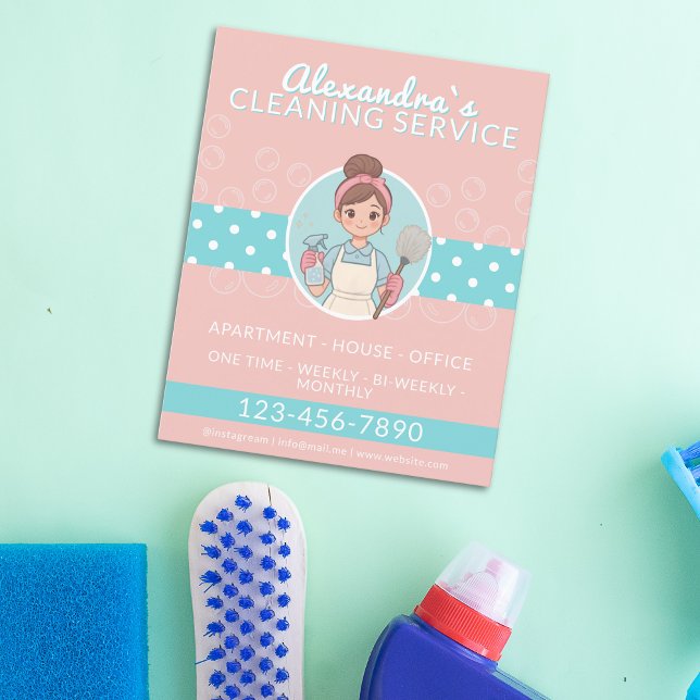 Cleaning Lady Cartoon Pink And Teal Polka Dot  Flyer (Cleaning Lady Cartoon Pink And Teal Polka Dot Flyer)