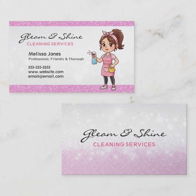 Cleaning Lady Cleaner Woman Pink Faux Glitter Business Card (Front/Back)