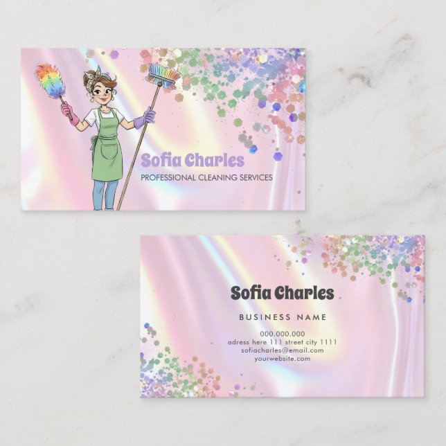 Cleaning Lady Maid Holographic Glitter Pink Business Card (Front/Back)