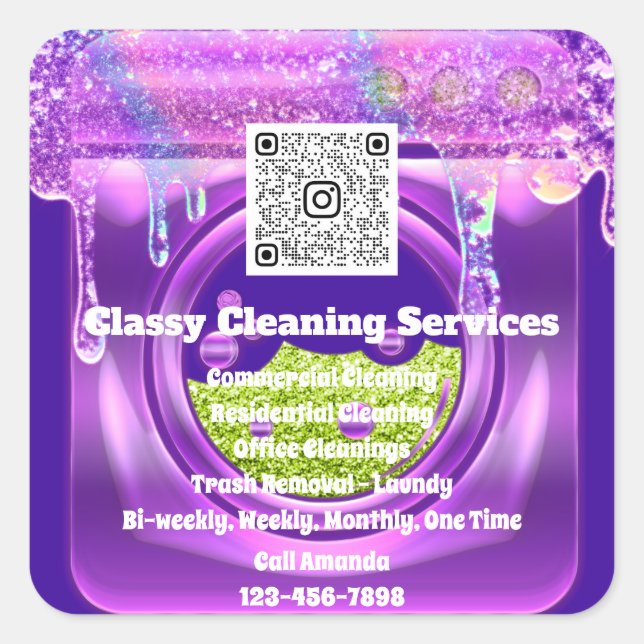 Cleaning Maid Housekeeper QRCode Logo Drips Purple Square Sticker (Front)