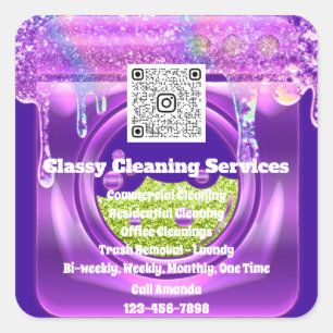 Cleaning Maid Housekeeper QRCode Logo Drips Purple Square Sticker