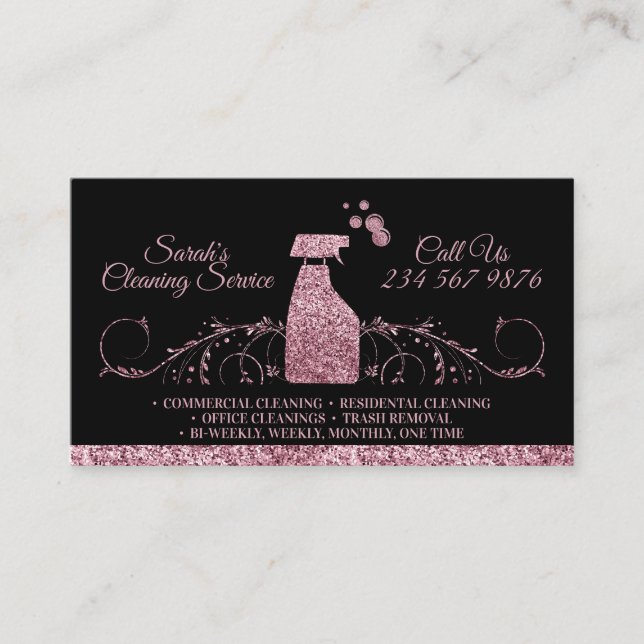 Cleaning Maid Janitorial sparkling pink Black Business Card (Front)