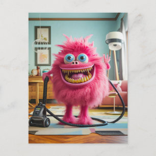 Cleaning monster happy with its vacuum cleaner postcard