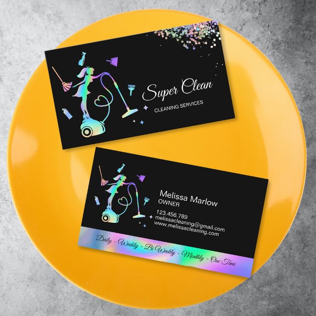 Cleaning Office services Maid Housekeeping Rose Business Card (holographic maid on the vacuum cleaner surrounded with cleaning tools)