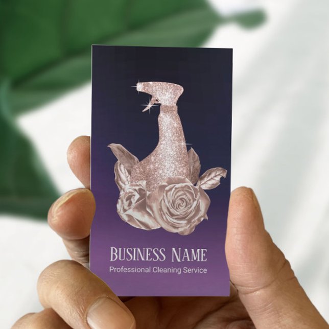 Cleaning Purple & Rose Gold Floral Spray Bottle Business Card (Creator Uploaded)