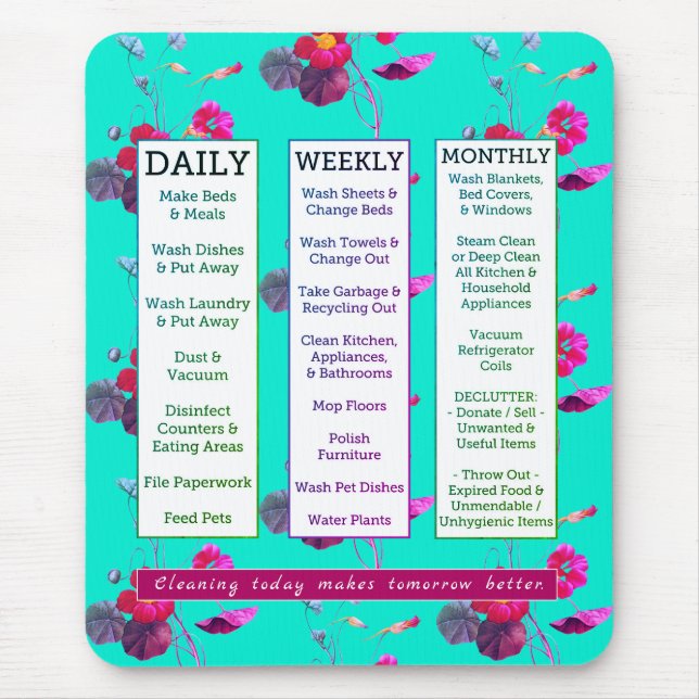 Cleaning Schedule & Affirmation Feminine Floral Mouse Pad (Front)