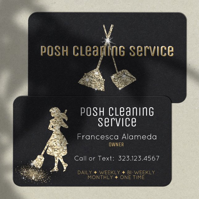 Cleaning Service Black and Metallic Gold Template Business Card (Creator Uploaded)