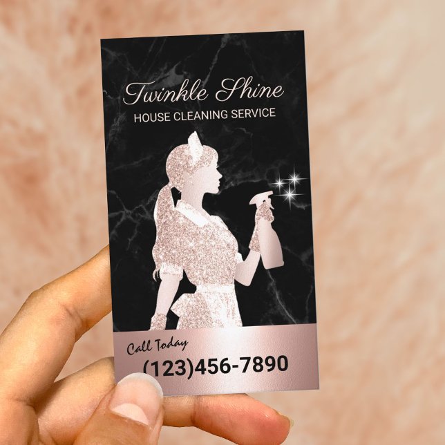 Cleaning Service Black Marble Rose Gold Maid Business Card (Creator Uploaded)
