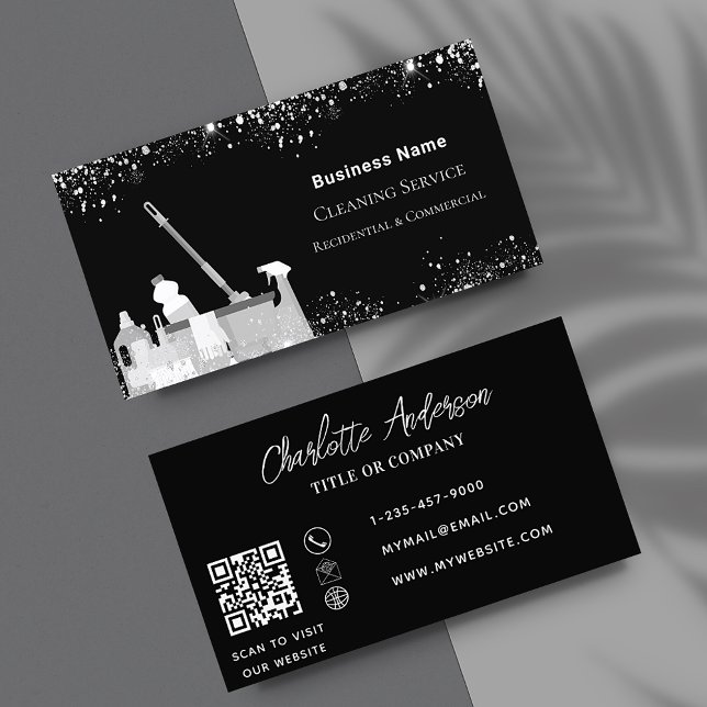 Cleaning service black silver glitter dust QR code Business Card (Creator Uploaded)