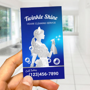 Cleaning Service Blue & Silver Maid Housekeeping Business Card