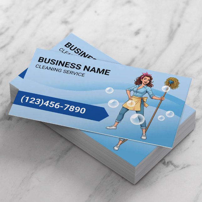 Cleaning Service Cartoon Maid Blue Curves Business Card (Creator Uploaded)