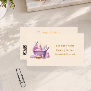 Cleaning service cream purple QR code Business Card
