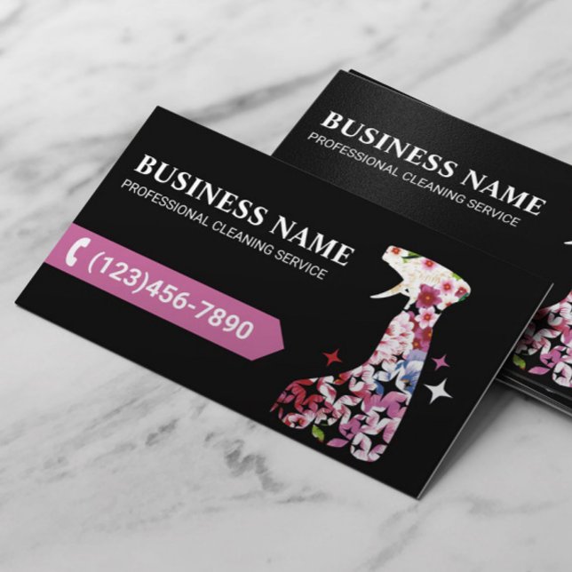 Cleaning Service Cute Flower Spray Cleaner Black Business Card (Creator Uploaded)