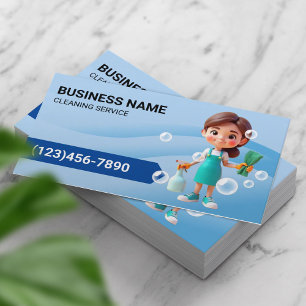Cleaning Service Cute Maid Modern Blue Curves Business Card