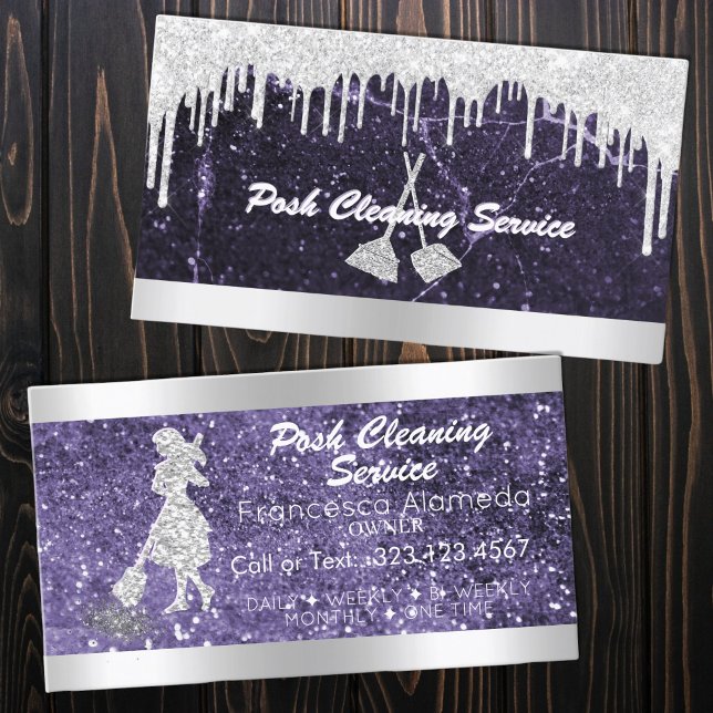 Cleaning Service Drip Glitter Marble Purple Silver Business Card (Creator Uploaded)