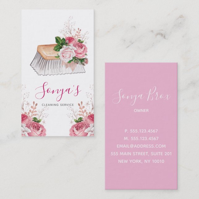 Cleaning Service Floral Watercolor Brush Business Card (Front/Back)