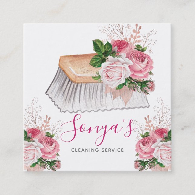 Cleaning Service Floral Watercolor Brush Square Business Card (Front)