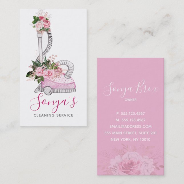 Cleaning Service Floral Watercolor vacuum cleaner Business Card (Front/Back)