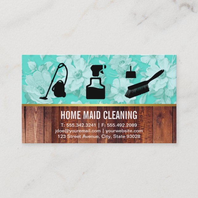 Cleaning Service Flower and Wood Panel Business Card (Front)