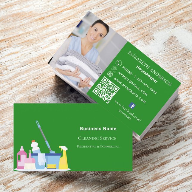 Cleaning service forest green photo QR code Business Card (Creator Uploaded)