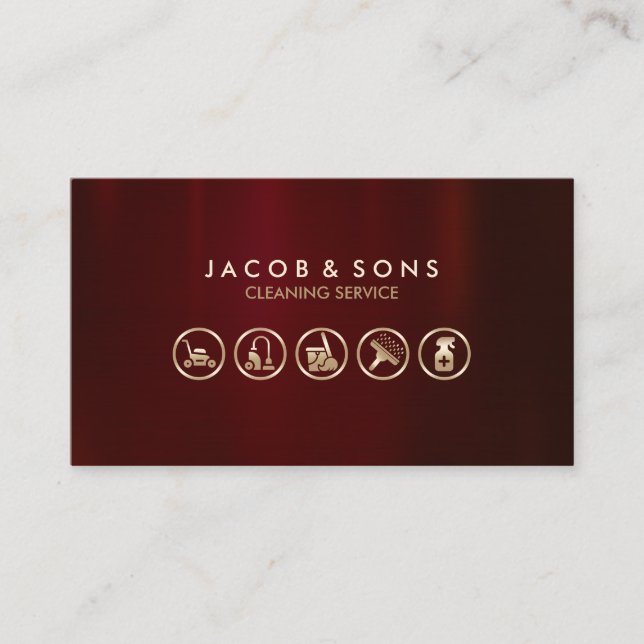 Cleaning Service Gold Icons Red Metal Texture Business Card (Front)