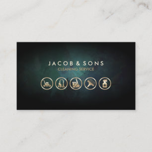 Cleaning Service Gold Icons Turquoise Grunge Business Card