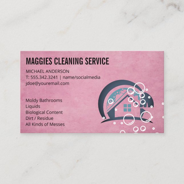 Cleaning Service Home Logo | Soap Bubbles Business Card (Front)