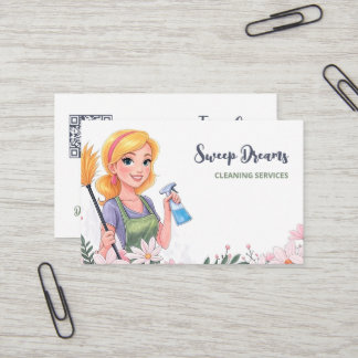 Cleaning Service House Maid Floral QR Business Card