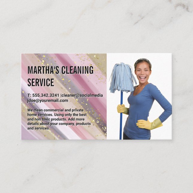 Cleaning Service | Lady Holding Mop Business Card (Front)