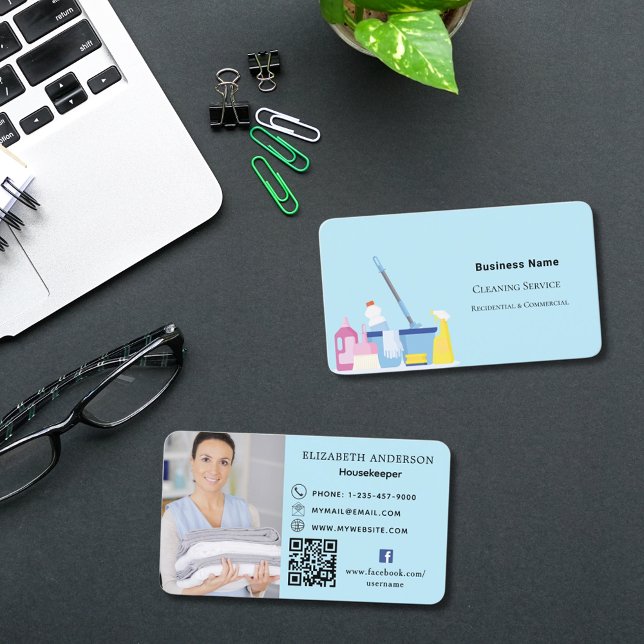 Cleaning service light blue photo QR code Business Card (Creator Uploaded)