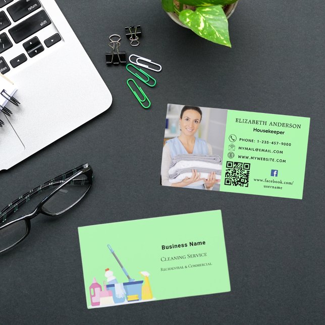 Cleaning service light green photo QR code Business Card (Creator Uploaded)