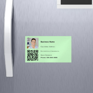 Cleaning service light green photo QR code Magnetic Business Card