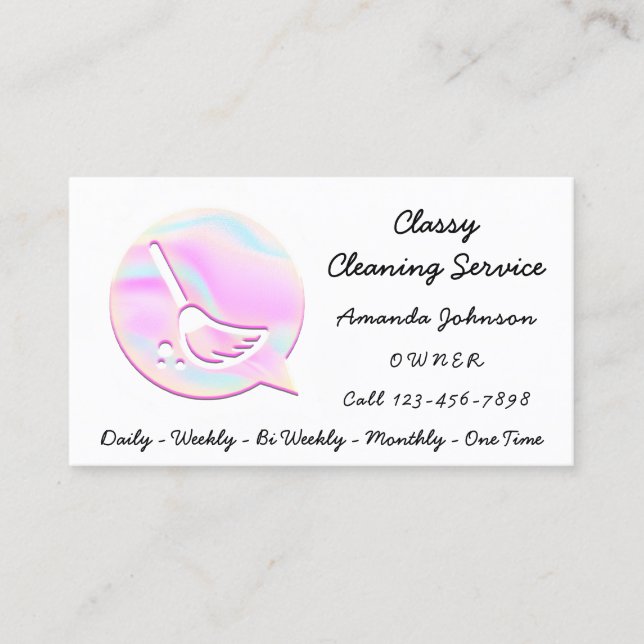 Cleaning Service Maid Holograph Groom Logo Pink QR Business Card (Front)